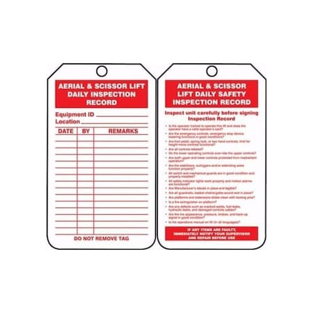 Accuform Safety Tags, AERIAL AND SCISSOR LIFT DAILY INSPECTION RECORD, 5.75in x 3.25in, RP-Plastic, 5PK TRS206PTM